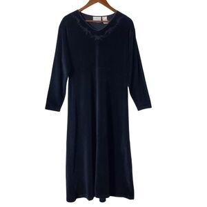 VTG Erika Velvet Midi Dress Size L Black Floral Velour Long Sleeve Womens